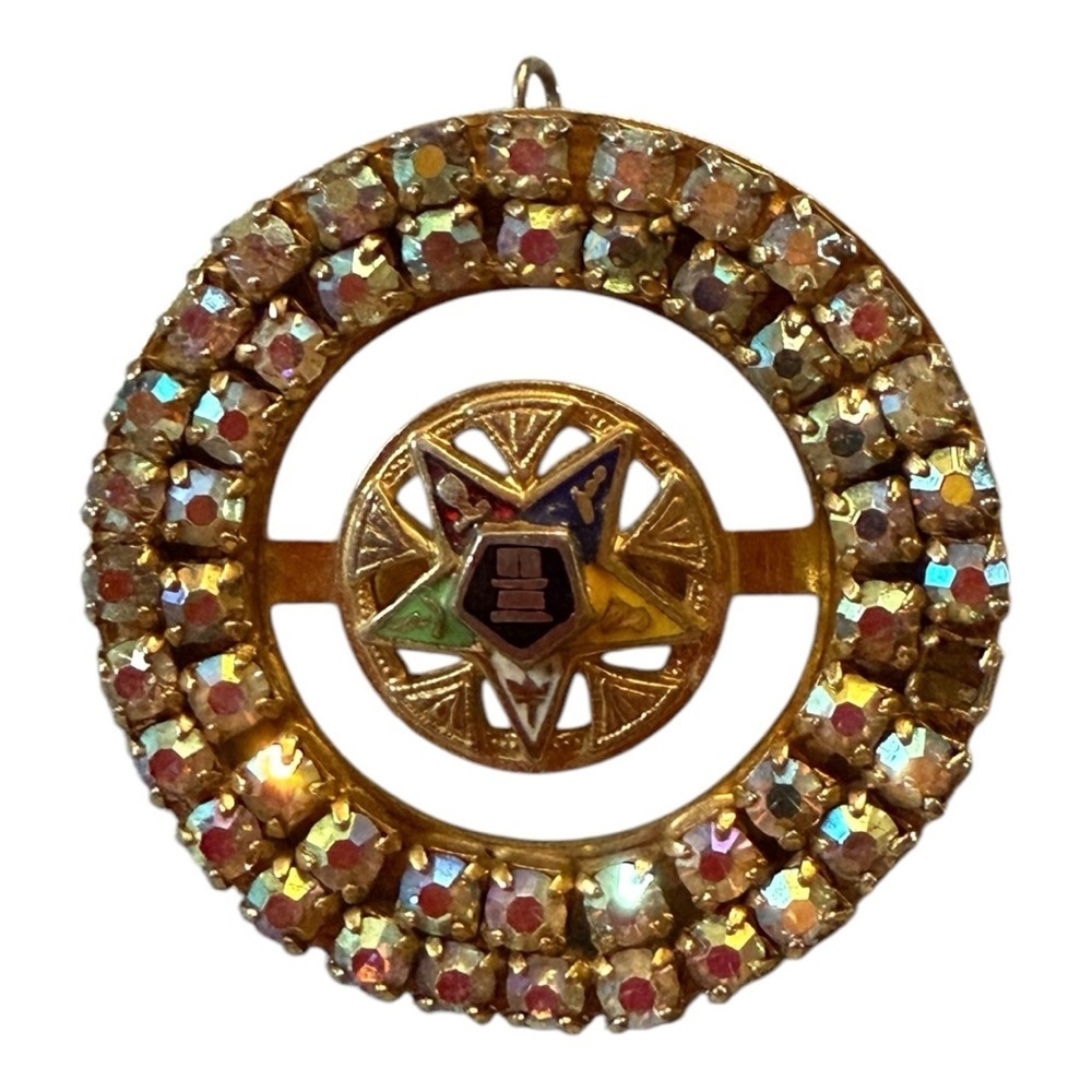 Vintage Aurora Borealis Rhinestone Eastern Star Brooch Pendant, Masonic as is